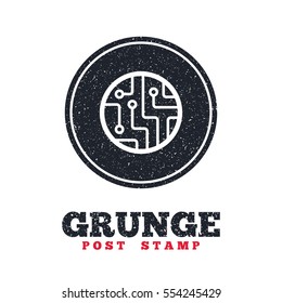 Grunge post stamp. Circle banner or label. Circuit board sign icon. Technology scheme circle symbol. Dirty textured web button. Vector