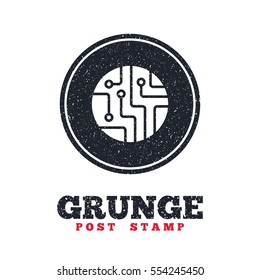 Grunge post stamp. Circle banner or label. Circuit board sign icon. Technology scheme circle symbol. Dirty textured web button. Vector