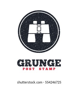 Grunge post stamp. Circle banner or label. Binocular sign icon. Search symbol. Find information. Dirty textured web button. Vector