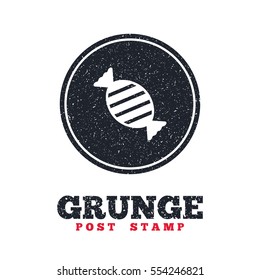 Grunge post stamp. Circle banner or label. Candy icon. Sweet food sign. Dirty textured web button. Vector