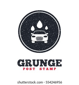 Grunge post stamp. Circle banner or label. Car wash icon. Automated teller carwash symbol. Water drops signs. Dirty textured web button. Vector
