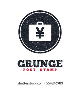 Grunge post stamp. Circle banner or label. Case with Yen JPY sign icon. Briefcase button. Dirty textured web button. Vector