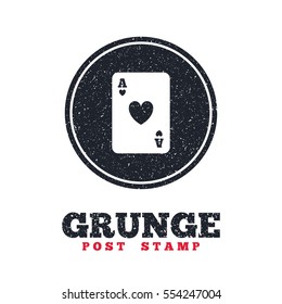 Grunge post stamp. Circle banner or label. Casino sign icon. Playing card symbol. Ace of hearts. Dirty textured web button. Vector