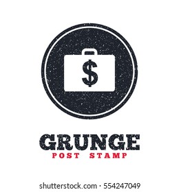 Grunge post stamp. Circle banner or label. Case with Dollars USD sign icon. Briefcase button. Dirty textured web button. Vector