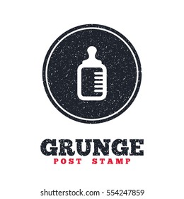 Grunge post stamp. Circle banner or label. Baby milk bottle icon. Child food symbol. Dirty textured web button. Vector