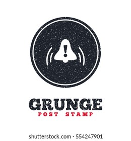 Grunge post stamp. Circle banner or label. Alarm bell with exclamation mark sign icon. Wake up alarm symbol. Dirty textured web button. Vector