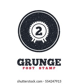 Grunge post stamp. Circle banner or label. Second place award sign icon. Prize for winner symbol. Dirty textured web button. Vector