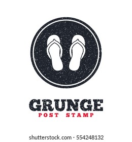 Grunge post stamp. Circle banner or label. Flip-flops sign icon. Beach shoes. Sand sandals. Dirty textured web button. Vector