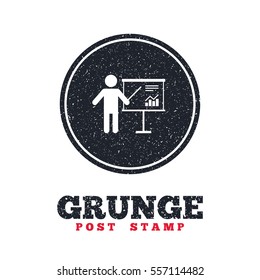 Grunge post stamp. Circle banner or label. Presentation sign icon. Man standing with pointer. Scheme and Diagram symbol. Dirty textured web button. Vector