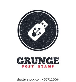 Grunge post stamp. Circle banner or label. Usb sign icon. Usb flash drive stick symbol. Dirty textured web button. Vector