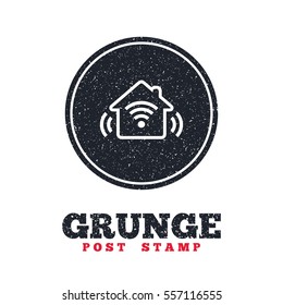 Grunge post stamp. Circle banner or label. Smart home sign icon. Smart house button. Remote control. Dirty textured web button. Vector