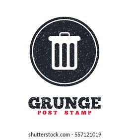 Grunge post stamp. Circle banner or label. Recycle bin sign icon. Bin symbol. Dirty textured web button. Vector