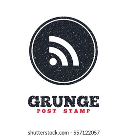 Grunge post stamp. Circle banner or label. RSS sign icon. RSS feed symbol. Dirty textured web button. Vector