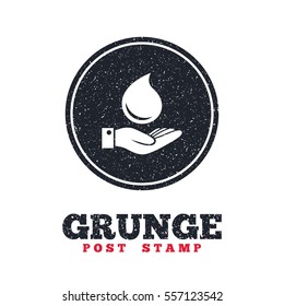 Grunge post stamp. Circle banner or label. Water drop and hand sign. Save water symbol. Dirty textured web button. Vector