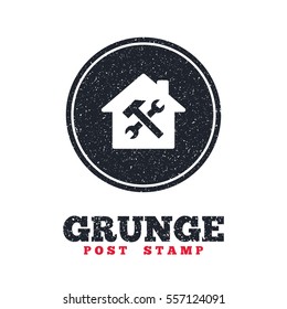 Grunge post stamp. Circle banner or label. Service house. Repair tool sign icon. Service symbol. Hammer with wrench. Dirty textured web button. Vector