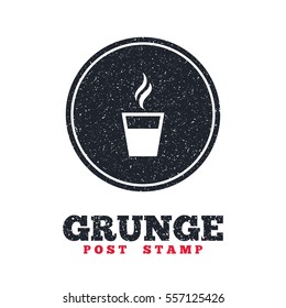 Grunge post stamp. Circle banner or label. Coffee glass sign icon. Hot coffee button. Hot tea drink with steam. Takeaway. Dirty textured web button. Vector