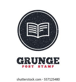 Grunge post stamp. Circle banner or label. Book sign icon. Open book symbol. Dirty textured web button. Vector