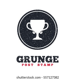 Grunge post stamp. Circle banner or label. Winner cup sign icon. Awarding of winners symbol. Trophy. Dirty textured web button. Vector