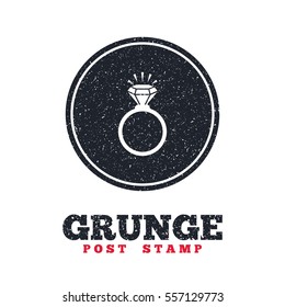 Grunge post stamp. Circle banner or label. Ring sign icon. Jewelry with shine diamond symbol. Wedding or engagement day symbol. Dirty textured web button. Vector
