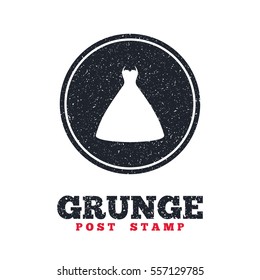 Grunge post stamp. Circle banner or label. Woman dress sign icon. Elegant bride symbol. Dirty textured web button. Vector