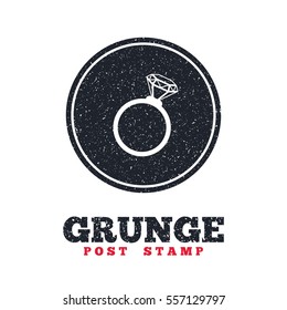 Grunge post stamp. Circle banner or label. Ring sign icon. Jewelry with diamond symbol. Wedding or engagement day symbol. Dirty textured web button. Vector