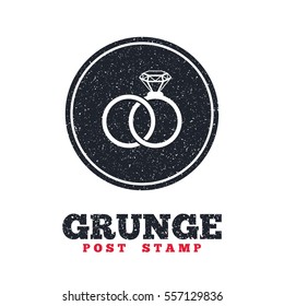 Grunge post stamp. Circle banner or label. Wedding rings sign icon. Engagement symbol. Dirty textured web button. Vector