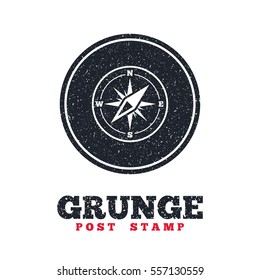 Grunge post stamp. Circle banner or label. Compass sign icon. Windrose navigation symbol. Dirty textured web button. Vector