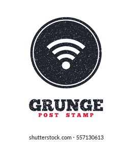 Grunge post stamp. Circle banner or label. Wifi sign. Wi-fi symbol. Wireless Network icon. Wifi zone. Dirty textured web button. Vector
