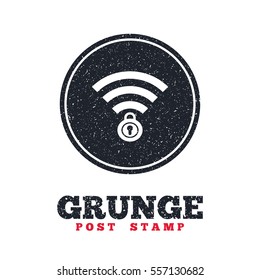 Grunge post stamp. Circle banner or label. Wifi locked sign. Password Wi-fi symbol. Wireless Network icon. Wifi zone. Dirty textured web button. Vector