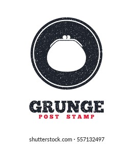 Grunge post stamp. Circle banner or label. Wallet sign icon. Cash bag symbol. Dirty textured web button. Vector