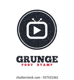 Grunge post stamp. Circle banner or label. Retro TV mode sign icon. Television set symbol. Dirty textured web button. Vector
