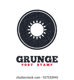 Grunge post stamp. Circle banner or label. Sun icon. Sunlight summer symbol. Hot weather sign. Dirty textured web button. Vector