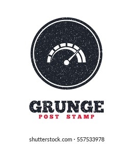 Grunge post stamp. Circle banner or label. Tachometer sign icon. Revolution-counter symbol. Car speedometer performance. Dirty textured web button. Vector