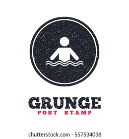 Grunge post stamp. Circle banner or label. Swimming sign icon. Pool swim symbol. Sea wave. Dirty textured web button. Vector