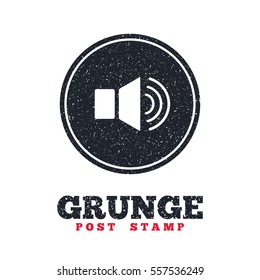Grunge post stamp. Circle banner or label. Speaker volume sign icon. Sound symbol. Dirty textured web button. Vector