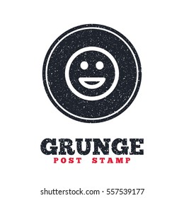 Grunge post stamp. Circle banner or label. Smile icon. Happy face chat symbol. Dirty textured web button. Vector