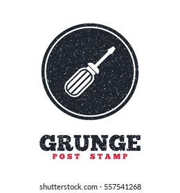 Grunge post stamp. Circle banner or label. Screwdriver tool sign icon. Fix it symbol. Repair sign. Dirty textured web button. Vector