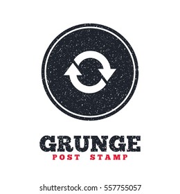 Grunge post stamp. Circle banner or label. Rotation icon. Repeat symbol. Refresh sign. Dirty textured web button. Vector