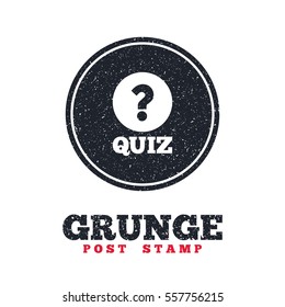Grunge post stamp. Circle banner or label. Quiz with question mark sign icon. Questions and answers game symbol. Dirty textured web button. Vector