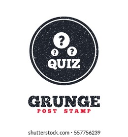 Grunge post stamp. Circle banner or label. Quiz with question marks sign icon. Questions and answers game symbol. Dirty textured web button. Vector