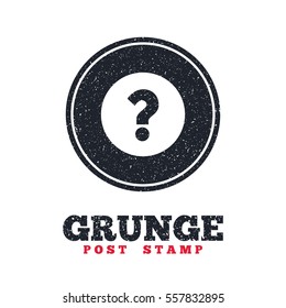 Grunge post stamp. Circle banner or label. Question mark sign icon. Help symbol. FAQ sign. Dirty textured web button. Vector