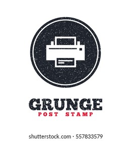 Grunge post stamp. Circle banner or label. Print sign icon. Printing symbol. Print button. Dirty textured web button. Vector