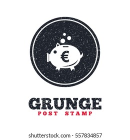 Grunge post stamp. Circle banner or label. Piggy bank sign icon. Moneybox euro symbol. Dirty textured web button. Vector