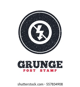 Grunge post stamp. Circle banner or label. No Photo flash sign icon. Lightning symbol. Dirty textured web button. Vector