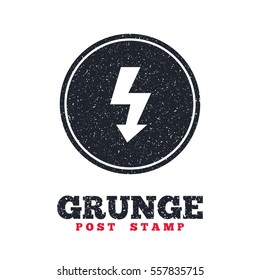 Grunge post stamp. Circle banner or label. Photo flash sign icon. Lightning symbol. Dirty textured web button. Vector