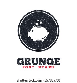 Grunge post stamp. Circle banner or label. Piggy bank sign icon. Moneybox symbol. Dirty textured web button. Vector