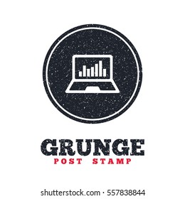 Grunge post stamp. Circle banner or label. Laptop sign icon. Notebook pc with graph symbol. Monitoring. Dirty textured web button. Vector