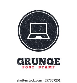 Grunge post stamp. Circle banner or label. Laptop sign icon. Notebook pc symbol. Dirty textured web button. Vector