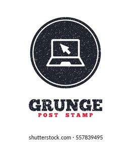 Grunge post stamp. Circle banner or label. Laptop sign icon. Notebook pc with cursor pointer symbol. Dirty textured web button. Vector
