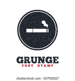 Grunge post stamp. Circle banner or label. Smoking sign icon. Cigarette symbol. Dirty textured web button. Vector